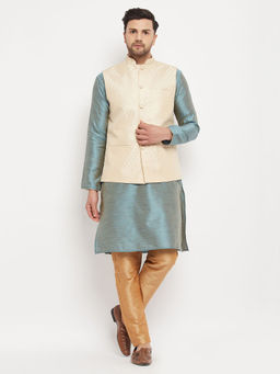 Vastramay - Mens Aqua, Cream & Rose Gold Silk Blend Jacket, Kurta & Pyjama (Set of 3)