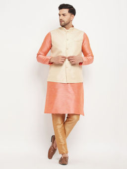 Vastramay - Mens Cream,Pink & Rose Gold Silk Blend Jacket, Kurta & Pyjama (Set of 3)