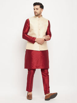 Vastramay - Mens Cream & Maroon Silk Blend Jacket, Kurta & Pyjama (Set of 3)