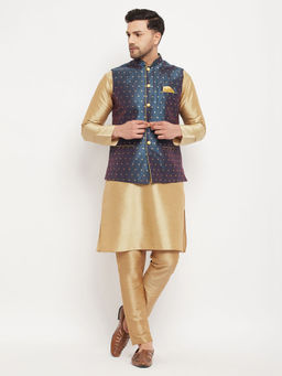 Vastramay - Mens Blue & Rose Gold Silk Blend Jacket, Kurta & Pyjama (Set of 3)