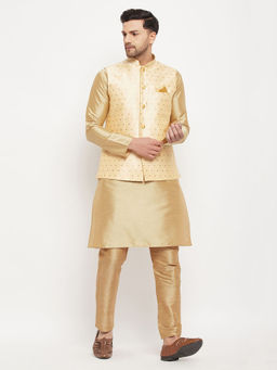 Vastramay - Mens Gold & Rose Gold Silk Blend Jacket, Kurta & Pyjama (Set of 3)