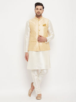 Vastramay - Mens Cream & Gold Silk Blend Jacket, Kurta & Pyjama (Set of 3)