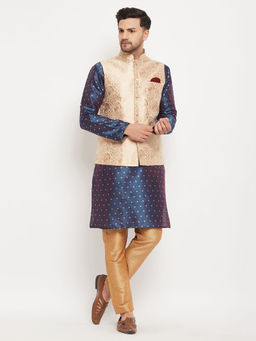 Vastramay - Mens Blue & Rose Gold Silk Blend Jacket, Kurta & Pyjama (Set of 3)