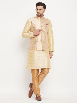 Vastramay - Mens Gold & Rose Gold Silk Blend Jacket, Kurta & Pyjama (Set of 3)