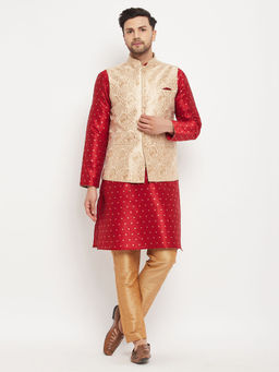 Vastramay - Mens Maroon & Rose Gold Silk Blend Jacket, Kurta & Pyjama (Set of 3)