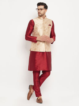 Vastramay - Mens Rose Gold & Maroon Silk Blend Jacket, Kurta & Pyjama (Set of 3)