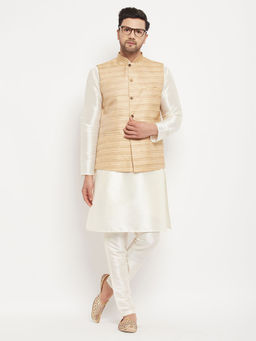 Vastramay - Mens Beige & Cream Silk Blend Jacket, Kurta & Pyjama (Set of 3)