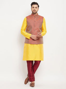 Vastramay - Mens Yellow & Maroon Silk Blend Jacket, Kurta & Pyjama (Set of 3)