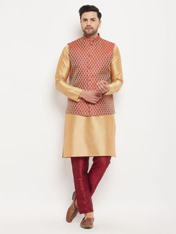 Vastramay - Mens Rose Gold & Maroon Silk Blend Jacket, Kurta & Pyjama (Set of 3)