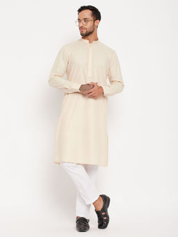 Vastramay - Mens Cream & White Cotton Blend Kurta Pyjama (Set of 2)