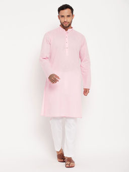 Vastramay - Mens Pink & White Cotton Kurta Pyjama (Set of 2)