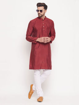 Vastramay - Mens Maroon & White Silk Blend Kurta Pyjama (Set of 2)