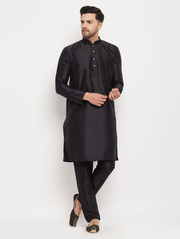 Vastramay - Mens Black Silk Blend Kurta Pyjama (Set of 2)