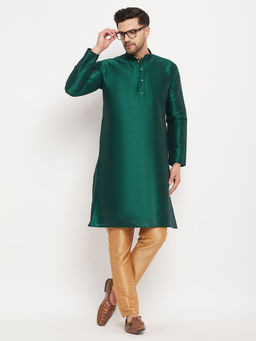 Vastramay - Mens Green Silk Blend Kurta Pyjama (Set of 2)