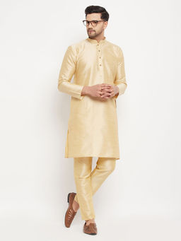 Vastramay - Mens Gold Silk Blend Kurta Pyjama (Set of 2)