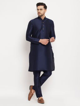 Vastramay - Mens Navy Blue Silk Blend Kurta Pyjama (Set of 2)