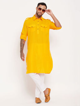 Vastramay - Mens Mustard & White Cotton Blend Kurta Pyjama (Set of 2)