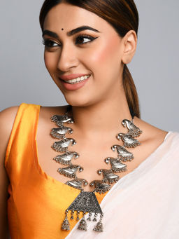 Fida - Wedding Ethnic Oxidised Silver Bird Engraved Statement Necklace for Women