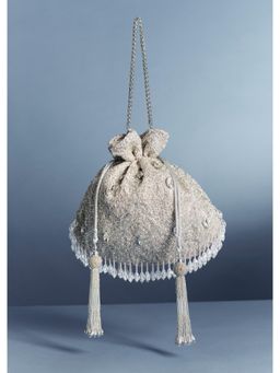 KALKI FASHION - Silver Embellished Potli Bag With Crystal Tassels