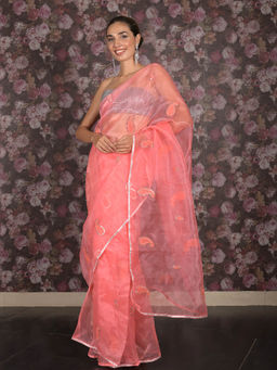 Odette - Pink Organza Embroidered Saree without Blouse