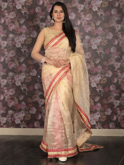 Odette - Beige Gota And Sequins Embroidered Organza Saree with Unstitched Blouse