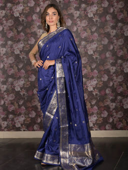 Odette - Dark Blue Silk Blend Woven Brocade Saree with Unstitched Blouse