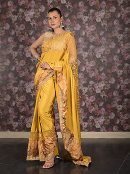 Odette - Yellow Printed Embroidered Lycra Saree with Unstitched Blouse