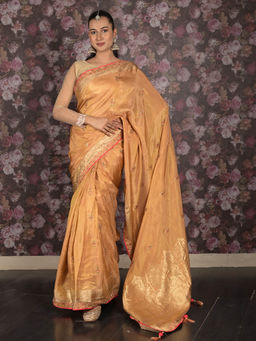 Odette - Gold Zari And Stone Embroidered Crepe Saree with Unstitched Blouse