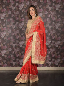 Odette - Red Gold Zari Embroidered Georgette Saree with Unstitched Blouse