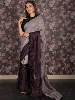 Odette - Dark Wine Sequins Embellished Crepe Saree with Unstitched Blouse