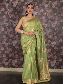 Odette - Light Green Woven Cotton Blend Saree with Unstitched Blouse