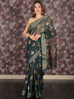 Odette - Dark Green Block Printed Cotton Blend Saree with Unstitched Blouse