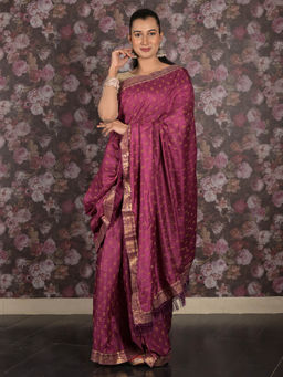Odette - Wine Block Printed Silk Blend Saree with Unstitched Blouse