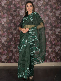 Odette - Green Floral Embroidered Organza Saree with Unstitched Blouse