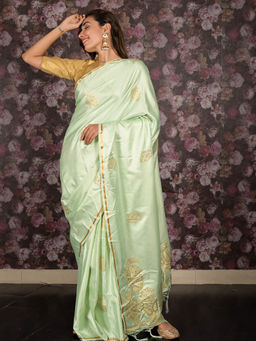Odette - Light Green Woven Satin Saree with Unstitched Blouse