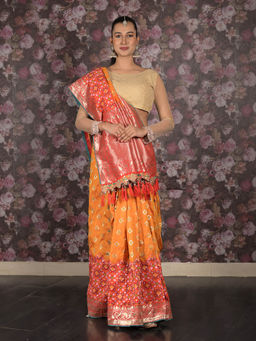 Odette - Orange Silk Blend Woven Saree with Unstitched Blouse