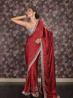 Odette - Maroon Zari And Stone Embroidered Satin Saree with Unstitched Blouse