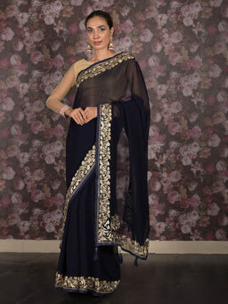 Odette - Navy Blue Zari Embroidered Georgette Saree with Unstitched Blouse