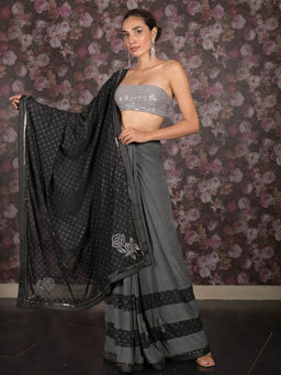 Odette - Grey Embellished Lycra Saree with Unstitched Blouse