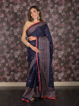 Odette - Navy Blue Printed Cotton Blend Saree with Unstitched Blouse
