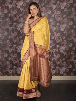 Odette - Yellow Embellished Silk Blend Saree with Unstitched Blouse