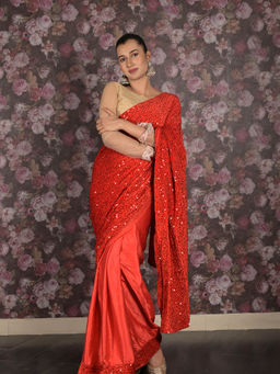 Odette - Maroon Embellished Lycra Saree with Unstitched Blouse