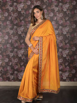 Odette - Mustard Embroidered Crepe Saree without Blouse