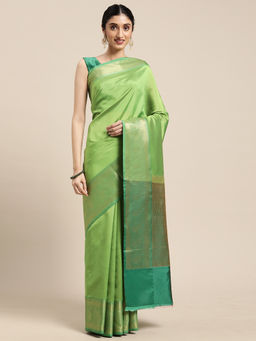 Banarasi Silk Works - Green Valkalam Katan Silk Anchal Saree with Unstitched Blouse