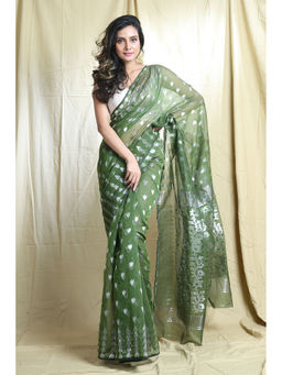 Arhi - Light Green Silk Cotton Handwoven Soft Saree With Allover Copper Zari Weving