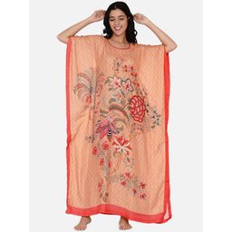 The Kaftan Company - Peach Floral Silky Satin Orange Kaftan Nightdress For Women