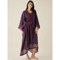 The Kaftan Company - Black Ikat Printed Purple Kimono Nightdress For Women