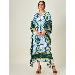 The Kaftan Company - Multi-Color White And Blue Ikat Printed Kaftan Dress