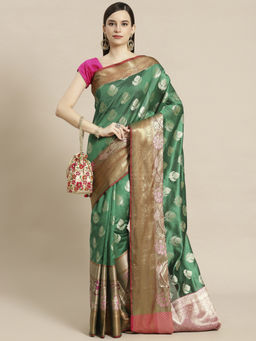 Banarasi Silk Works - Bottle Green Booti Art Silk Meena Skirt Paithani Saree with Unstitched Blouse