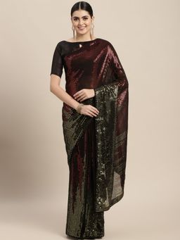VAIRAGEE - Designer Maroon & Gold Embellished Georgette Heavy Work Saree with Unstitched Blouse